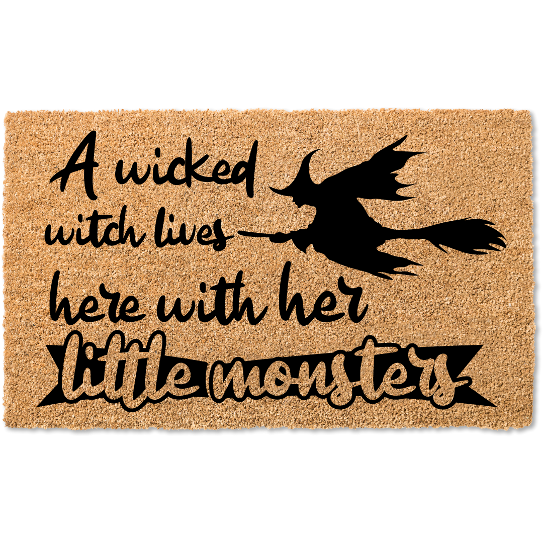 A wicked witch lives here with her little monsters halloween door mat