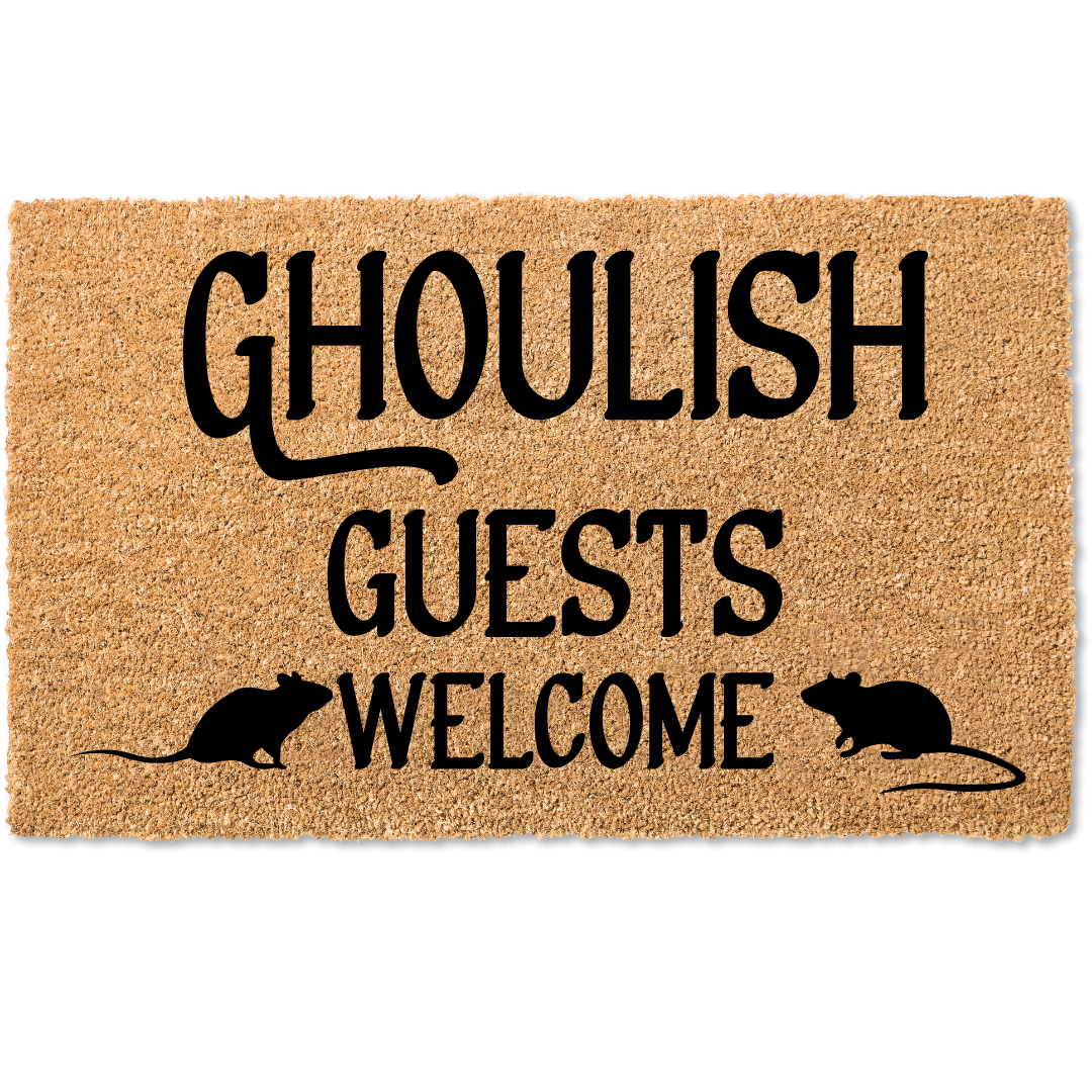 Ghoulish guests welcome halloween door mat