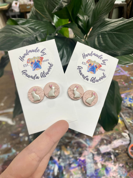 Pink Bunny Studs - Handmade Polymer Clay Earrings